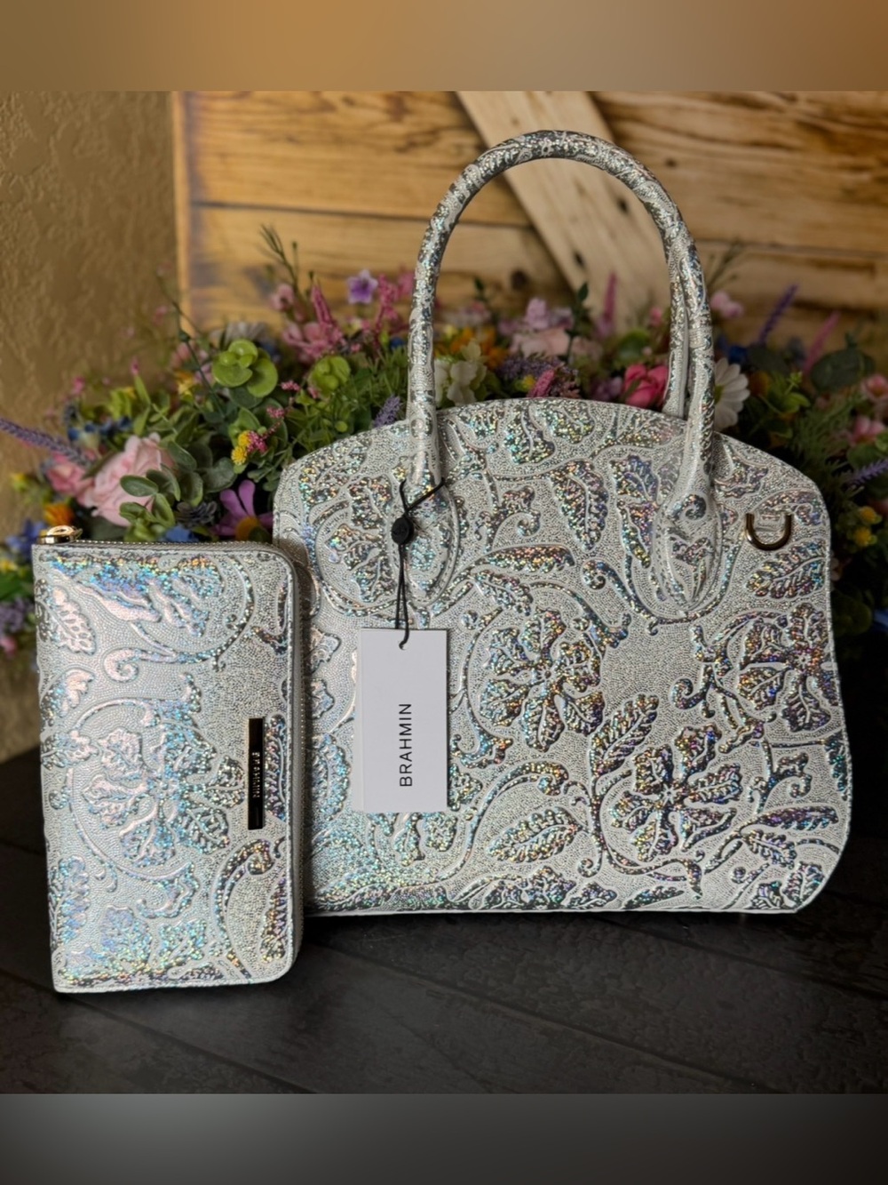 Brahmin Rosetta Chrome Estonia with SURI Wallet SET NWT ONE OF a KIND REFLECTIVE - Picture 10 of 16
